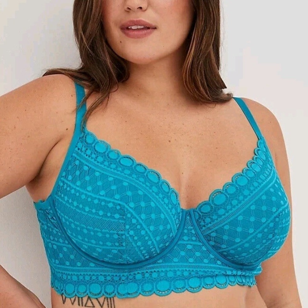 Torrid Curve Longline Underwire Bra‎ Sz 00 M/L Teal Blue Dotted Lace